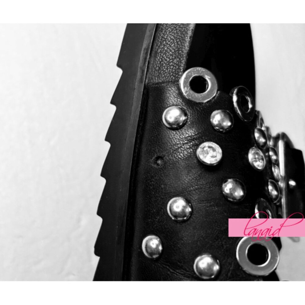 Ash Universe Slide Sandal Black Leather Studded Crystals Birks Flats Edgy Gothic - Picture 10 of 17